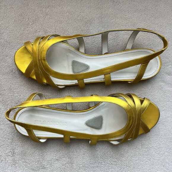 Jil Sander Metallic Gold Cage Peep-Toe Slingback Flat Sandal Women 38.5 US 7.5 - Picture 1 of 13
